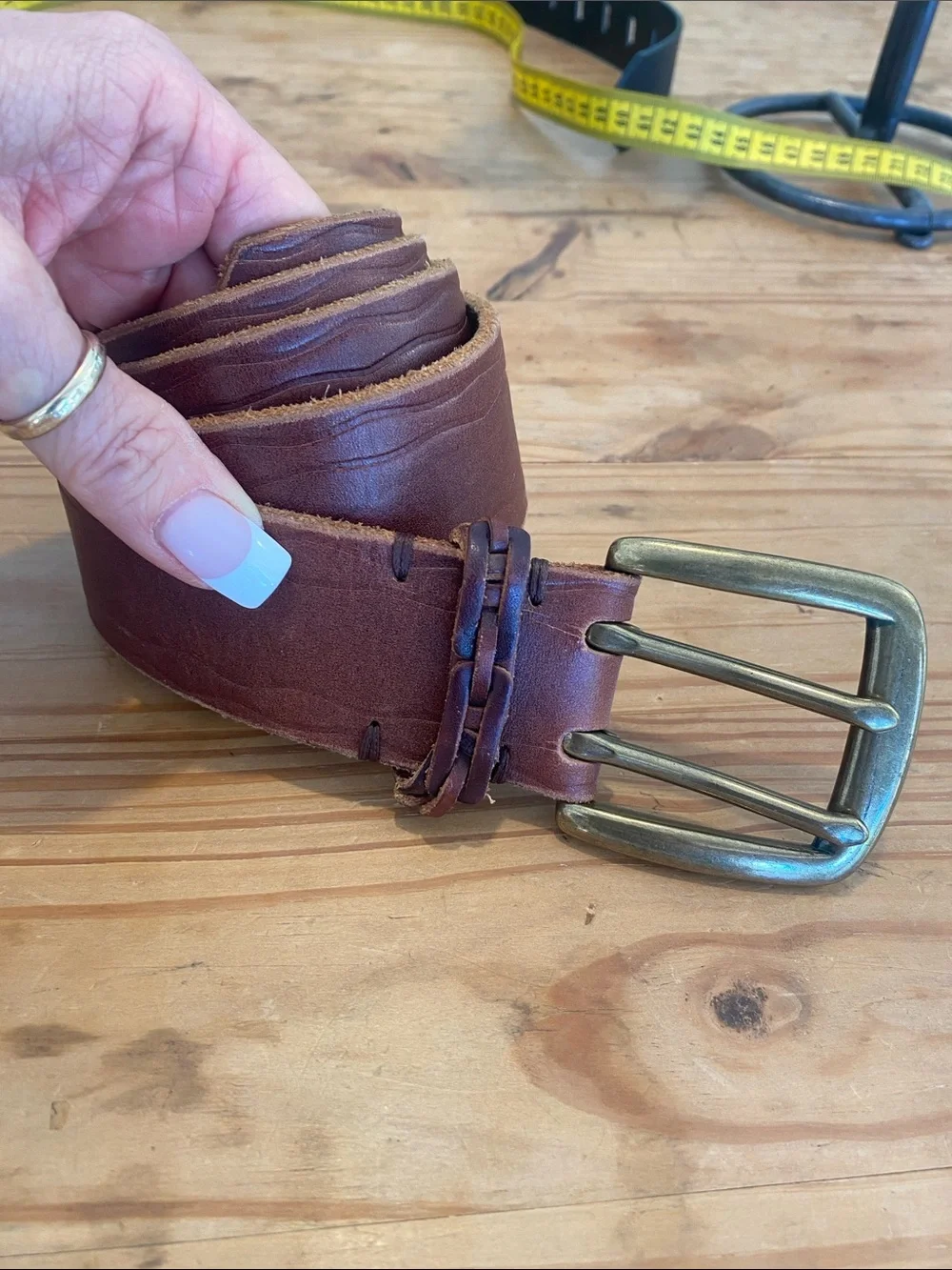Lucky Brand Brown Leather Triple-Prong Belt with Brass-Tone Buckle